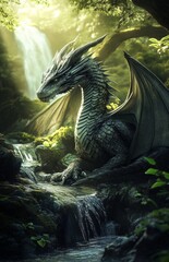 Majestic Dragon Rests Calmly in Enchanted Forest Landscape