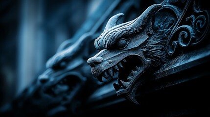 Iron-wrought gargoyle on a gothic cathedral, intricate carvings and sharp details in the twilight, moodily lit