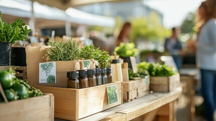 A close-up of a market stall selling herbs and essential oils with a blurred background of people shopping.