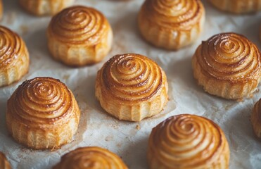 Fototapeta premium Freshly Baked Cinnamon Rolls Resting on Parchment Paper