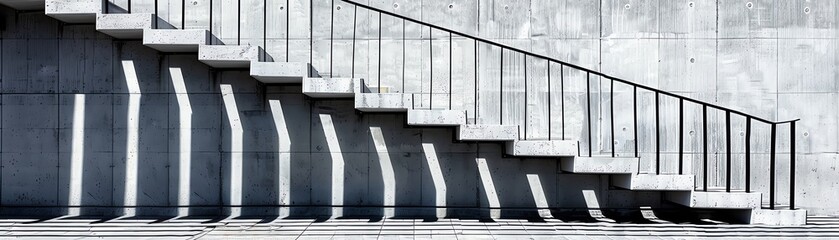 Minimalist iron fence casting shadows on a concrete wall, high-contrast, abstract feel