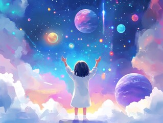 Child Gazing at Colorful Cosmic Dreamland Surrounded by Planets and Stars in a Fantasy World