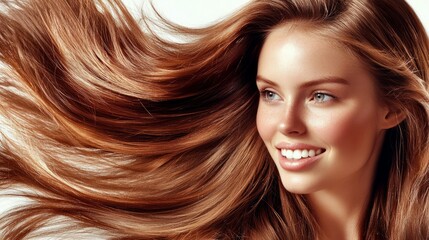 A young woman with a radiant smile showcasing her healthy hairstyle in a beauty salon against a bright white backdrop, 