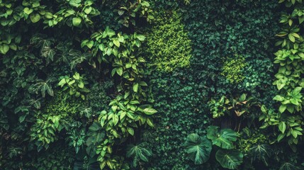 A close-up shot of a lush green living wall, a vertical garden full of various plants and foliage, creating a vibrant and textured natural backdrop.