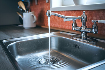 Kitchen sink with water flow and cozy background decor