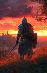 A lone knight in shining silver armor on a grassy hill at sunset