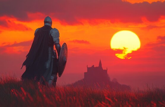 A lone knight in shining silver armor on a grassy hill at sunset