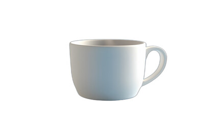 Full body shot. A white coffee cup with steam rising, positioned upright on a light blue...