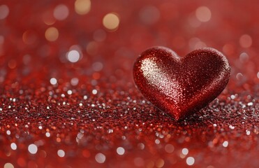 Fototapeta premium Red Heart on Sparkling Red Glitter for Valentines Day Celebration