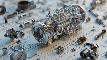 Obraz premium A machine is shown in a drawing with a lot of parts. The drawing is of a machine that is not yet built, but it is clear that it is a complex piece of machinery
