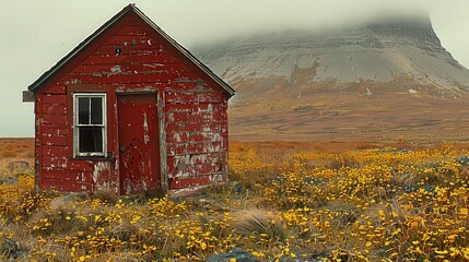 A solitary red shed sits amidst golden flowers, with a misty mountain looming in the background, creating a serene rural landscape.