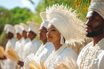 A detailed depiction of a Candomblé ceremony, showcasing participants dressed in traditional white garments, capturing the spiritual and cultural significance of this vibrant practice for Afro-Brazili