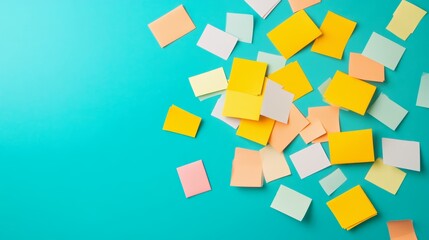 A colorful array of sticky notes scattered on a vibrant blue background, leaving space for text or design.
