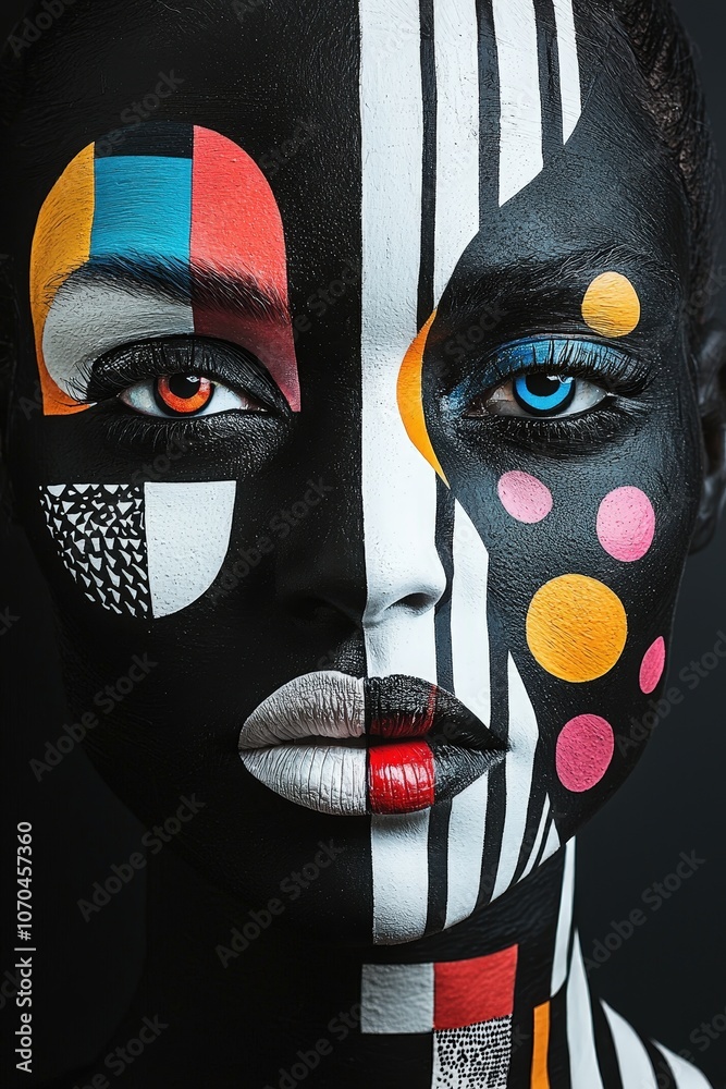Aufkleber a model showcases an artistic face paint design split between vibrant colors and bold geometric shap