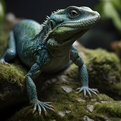 Naklejka premium Vibrant Chinese Water Dragon on Mossy Branch
