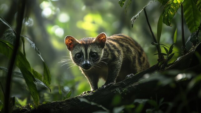 Common palm civet exploring rainforest habitat