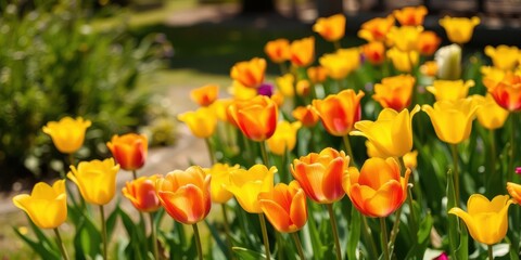 A beautiful row of vibrant yellow tulips blooming in a spring garden, outdoor, color