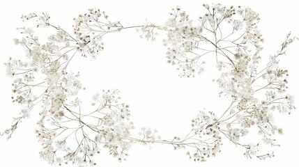 Delicate hand-drawn oval wreath frame of pressed watercolor baby’s breath flowers in soft neutral tones. Rustic and airy floral arrangement, ideal for wedding invitations and elegant designs.