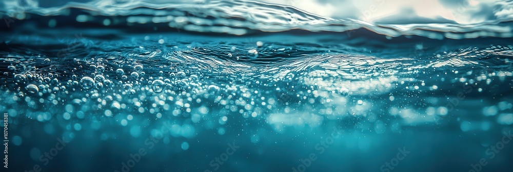 Poster bubbles rise elegantly through turquoise water, creating a mesmerizing effect as sunlight filters th