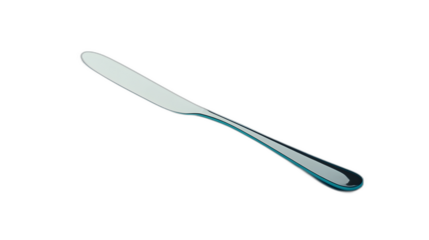 Full body shot. A silver butter knife with a rounded edge, lying diagonally on a soft blue background, 4k resolution, no background, no shadow