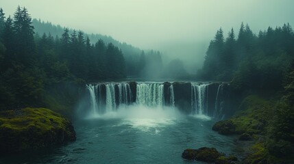 Fototapeta premium Waterfall cascading into river in misty forest landscape