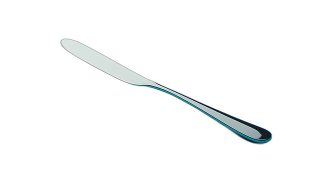 Full body shot. A silver butter knife with a rounded edge, lying diagonally on a soft blue background, 4k resolution, no background, no shadow