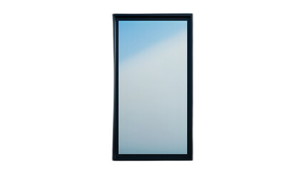 Full body shot. A rectangular wall mirror with a minimalist frame, positioned vertically on a rich blue background, 4k resolution, no background, no shadow
