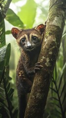 Naklejka premium Olingo climbing tree in lush tropical rainforest