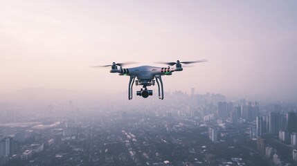 A drone flies over a city at dawn.  The city is in the background and the drone is in the foreground. The drone has a camera attached to it.