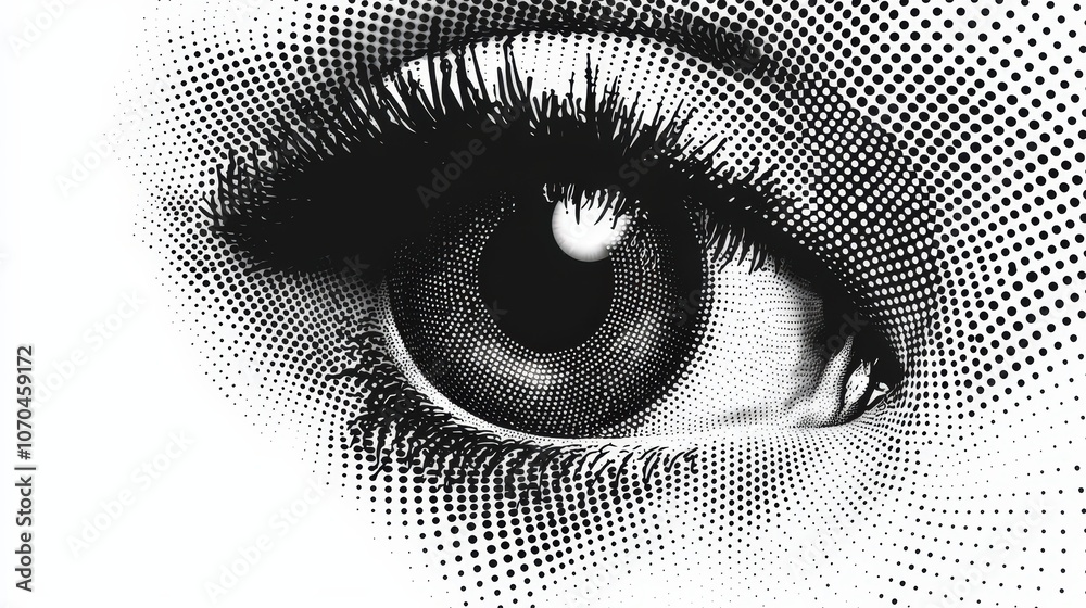Poster The artwork features a beautifully rendered eye with intricate dot patterns and textures, highlighting the unique characteristics of the iris and eyelashes in black and white