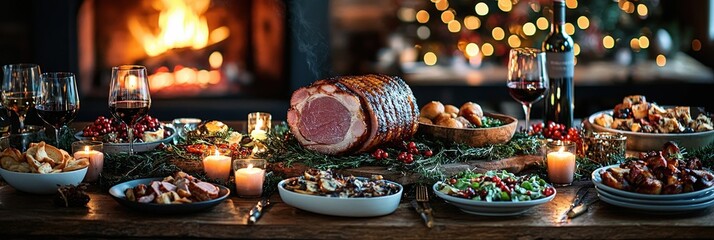 The table is beautifully laid out with a large roast in the center, surrounded by various side dishes, candles, and wine, creating a warm holiday atmosphere
