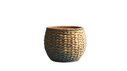 Full body shot. A woven basket for storing items, with a natural texture, positioned upright on a calm blue background, 4k resolution, no background, no shadow