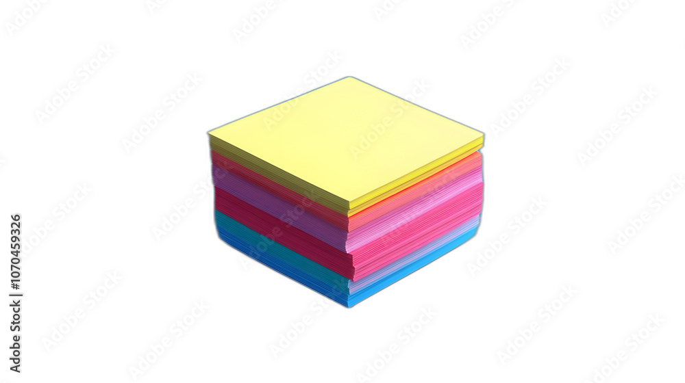 Poster Full body shot. A set of sticky notes in multiple colors, stacked neatly on a rich blue background, 4k resolution, no background, no shadow