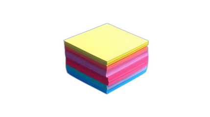 Full body shot. A set of sticky notes in multiple colors, stacked neatly on a rich blue background, 4k resolution, no background, no shadow