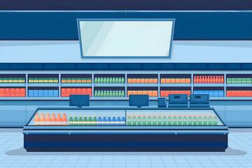 Bright supermarket with display screen and beverages on counter