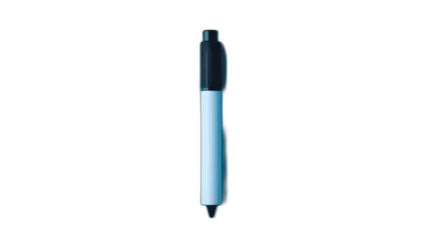 Full body shot. A whiteboard marker with a black cap, lying horizontally on a soft blue background, 4k resolution, no background, no shadow