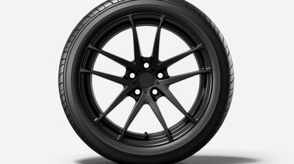 Obraz premium Black car tire with spokes sleek and stylish wheel design for automotive enthusiasts
