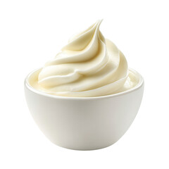 A bowl of whipped cream sits on a white background