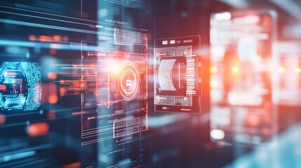 Fototapeta premium A futuristic abstract background with a glowing padlock icon, representing cybersecurity and data security.