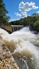 Water rushing over dam spillway on sunny day
