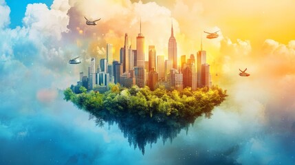 Fototapeta premium A futuristic city skyline with skyscrapers, green trees, and helicopters flying through the clouds.