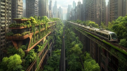 Naklejka premium A futuristic city with green buildings and a train running through a lush forest.