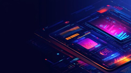 Fototapeta premium A futuristic digital interface with glowing neon lights and data visualizations.