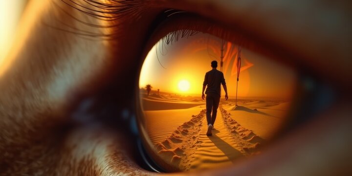 A reflective vision capturing a man walking towards the sunset, symbolizing hope, dreams, and introspection. Ideal for inspiration and personal growth themes.