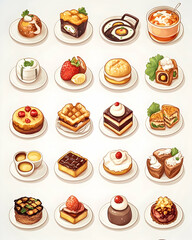A collection of 20 hand-drawn illustrations of various desserts and pastries.