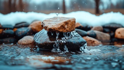 Crystal-Clear Spring Melt Water Cascading Over Rocks in a Mountain Stream, Nature's Beauty Unveiled