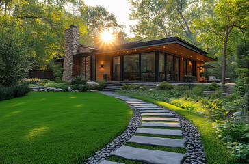 Modern cottage in the woods with a stone walkway, lush green grass, and a black pebble landscape design. Sunlight filters through the trees