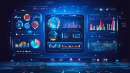 Obraz premium A futuristic, digital interface with a variety of charts and graphs depicting data and information.