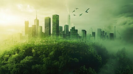 Illustration of an eco-friendly city powered by clean energy. Copy space