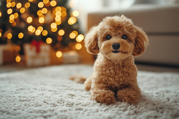 Puppy near the Christmas tree for Christmas